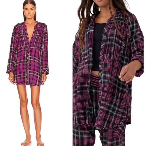 NWT Free People Intimately Plaid About You Flannel Sleep long sleeve Shirt S - Picture 2 of 10